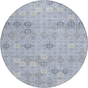 Photo of 8' Blue And Ivory Round Geometric Washable Indoor Outdoor Area Rug