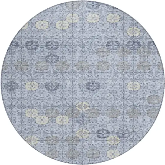 8' Blue And Ivory Round Geometric Washable Indoor Outdoor Area Rug Photo 1