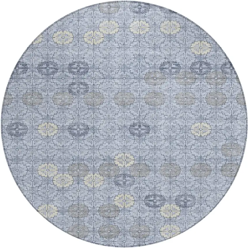 8' Blue And Ivory Round Geometric Washable Indoor Outdoor Area Rug Photo 1