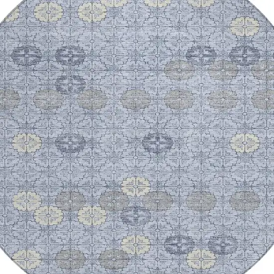 8' Blue And Ivory Round Geometric Washable Indoor Outdoor Area Rug Photo 4