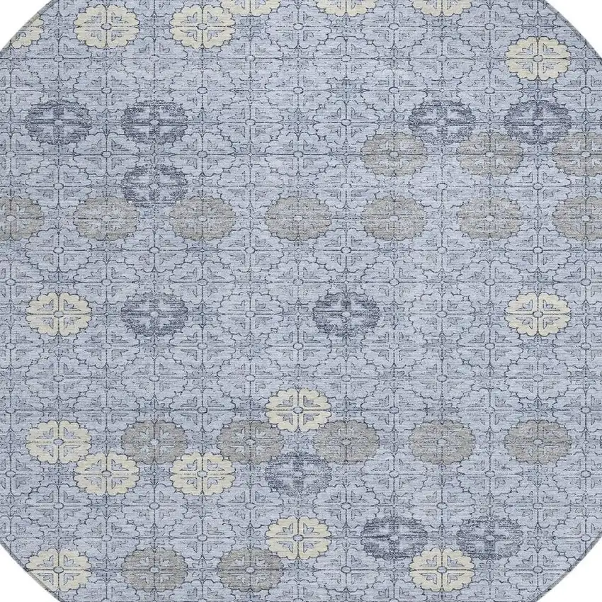 8' Blue And Ivory Round Geometric Washable Indoor Outdoor Area Rug Photo 4