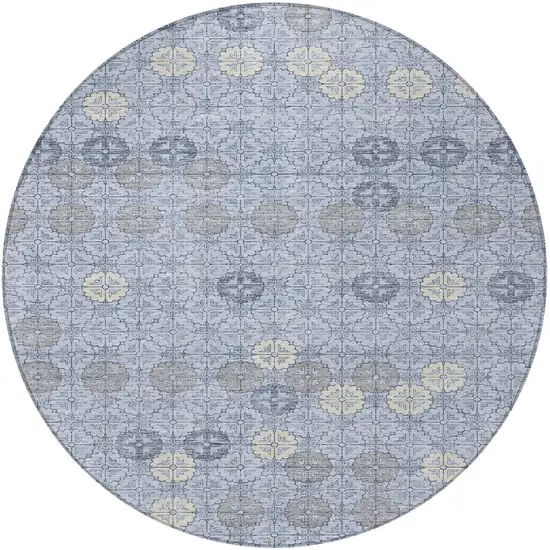 8' Blue And Ivory Round Geometric Washable Indoor Outdoor Area Rug Photo 3
