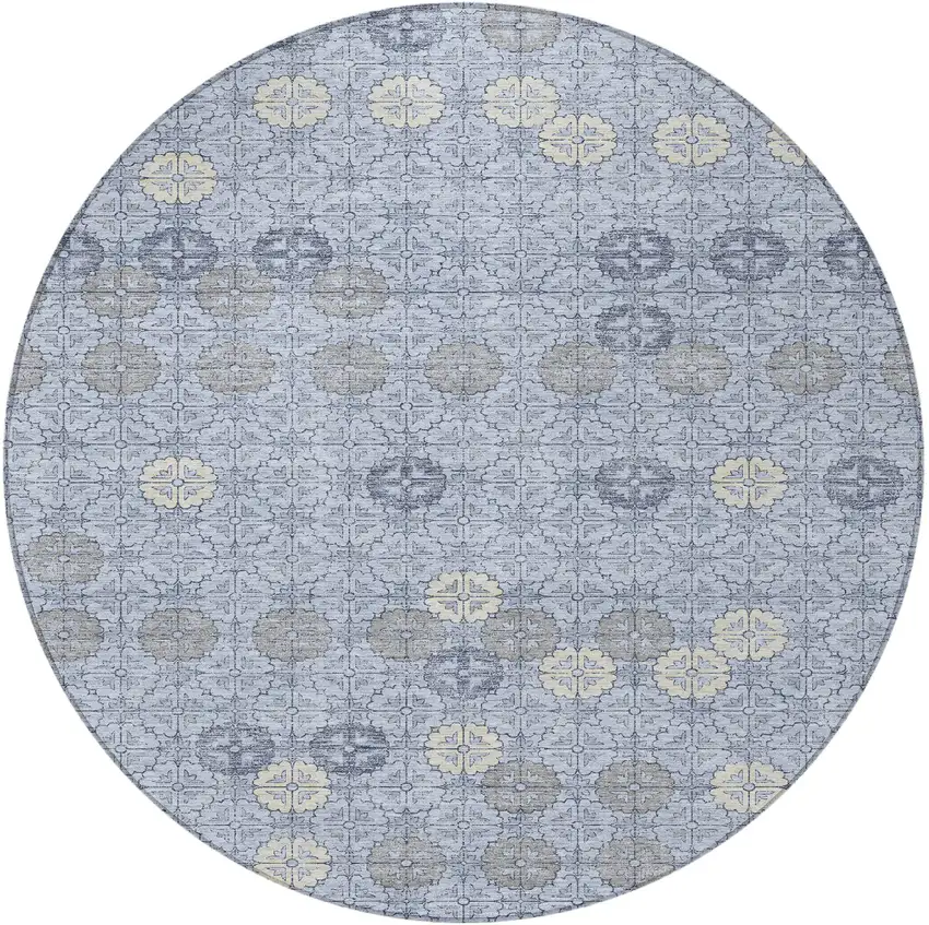 8' Blue And Ivory Round Geometric Washable Indoor Outdoor Area Rug Photo 3