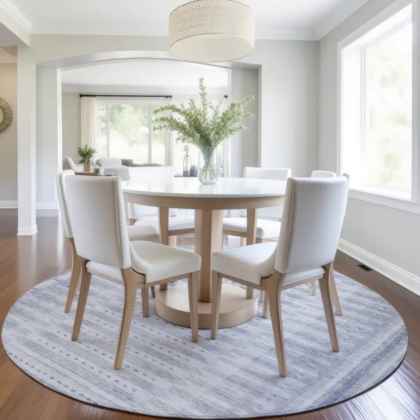 8' Blue And Ivory Round Geometric Washable Indoor Outdoor Area Rug Photo 6