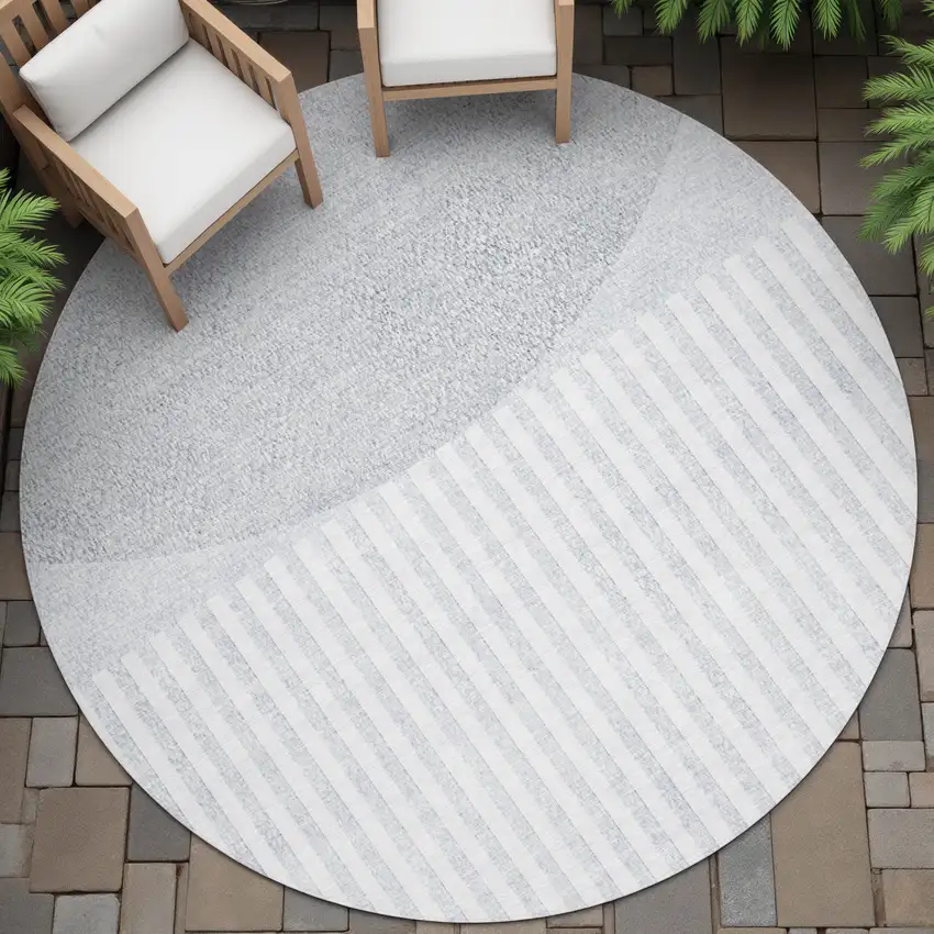 8' Blue And Ivory Round Geometric Washable Indoor Outdoor Area Rug Photo 6
