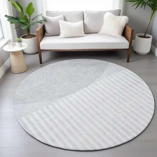 8' Blue And Ivory Round Geometric Washable Indoor Outdoor Area Rug Photo 7