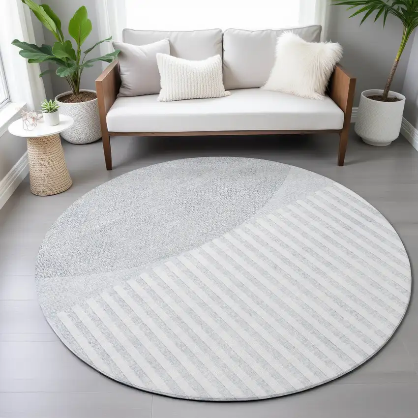 8' Blue And Ivory Round Geometric Washable Indoor Outdoor Area Rug Photo 7