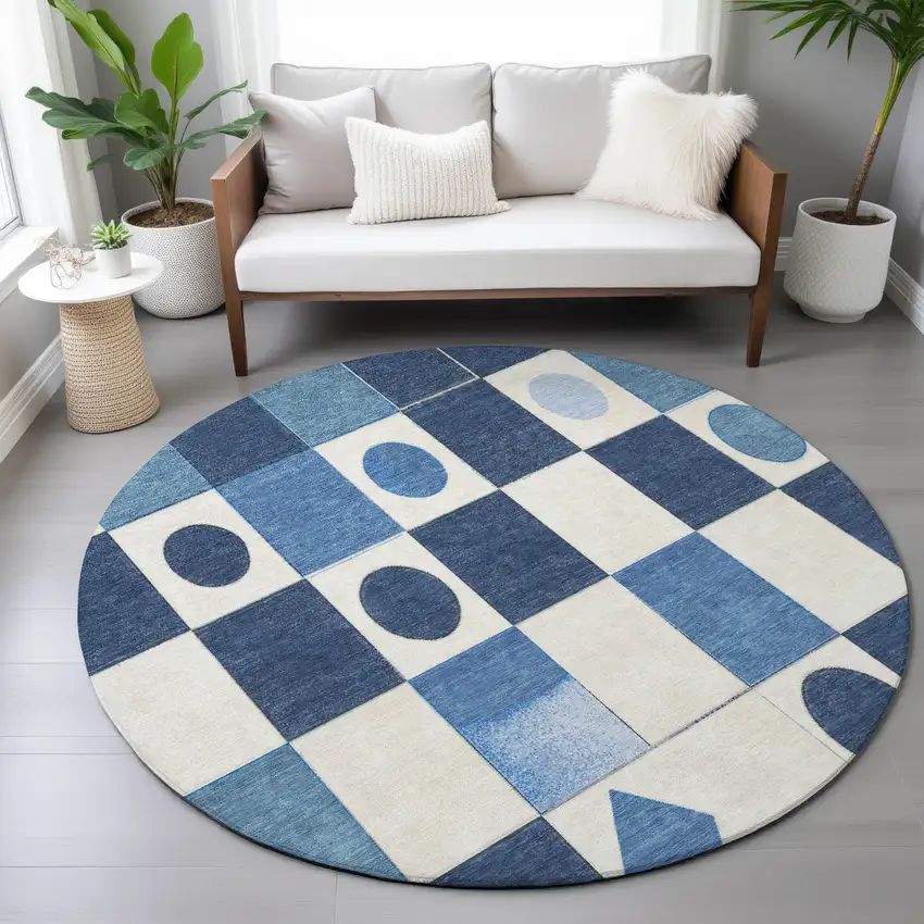 8' Blue And Ivory Round Geometric Washable Indoor Outdoor Area Rug Photo 9