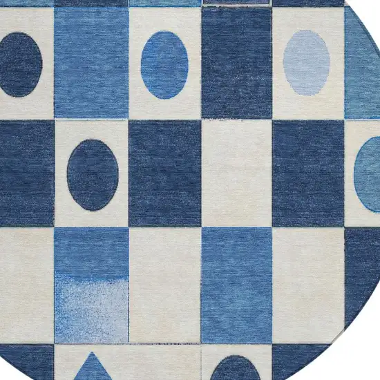 8' Blue And Ivory Round Geometric Washable Indoor Outdoor Area Rug Photo 6