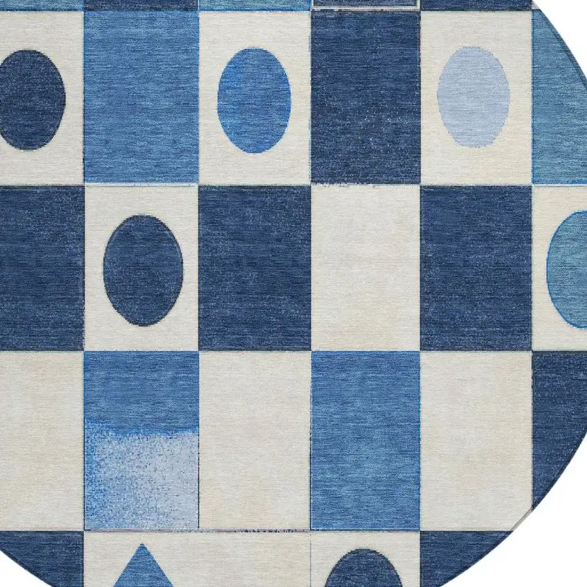 8' Blue And Ivory Round Geometric Washable Indoor Outdoor Area Rug Photo 6