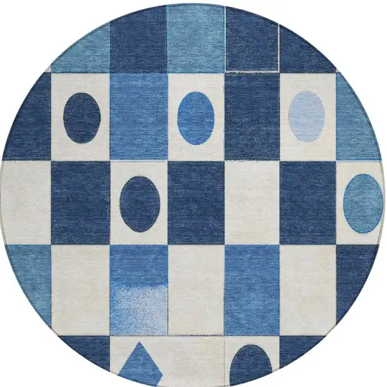 8' Blue And Ivory Round Geometric Washable Indoor Outdoor Area Rug Photo 4