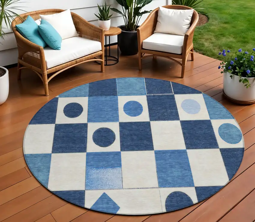 8' Blue And Ivory Round Geometric Washable Indoor Outdoor Area Rug Photo 2
