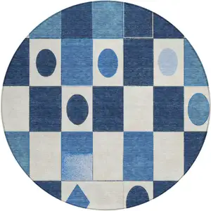 Photo of 8' Blue And Ivory Round Geometric Washable Indoor Outdoor Area Rug