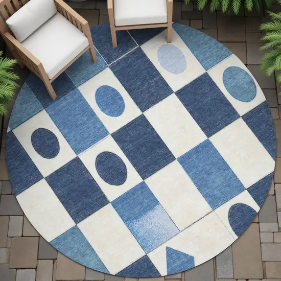 8' Blue And Ivory Round Geometric Washable Indoor Outdoor Area Rug Photo 8