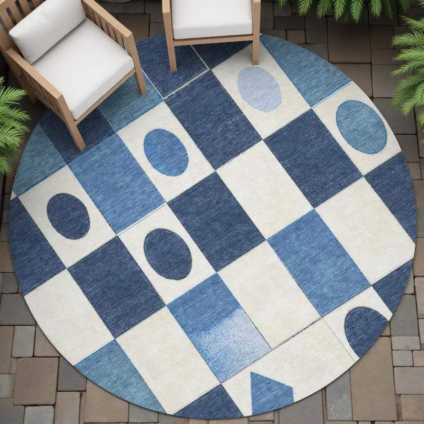 8' Blue And Ivory Round Geometric Washable Indoor Outdoor Area Rug Photo 8