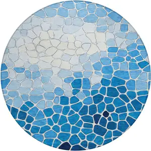 Photo of 8' Blue And Ivory Round Geometric Washable Indoor Outdoor Area Rug