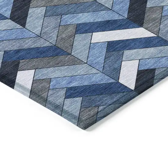 8' Blue And Ivory Round Geometric Washable Indoor Outdoor Area Rug Photo 6