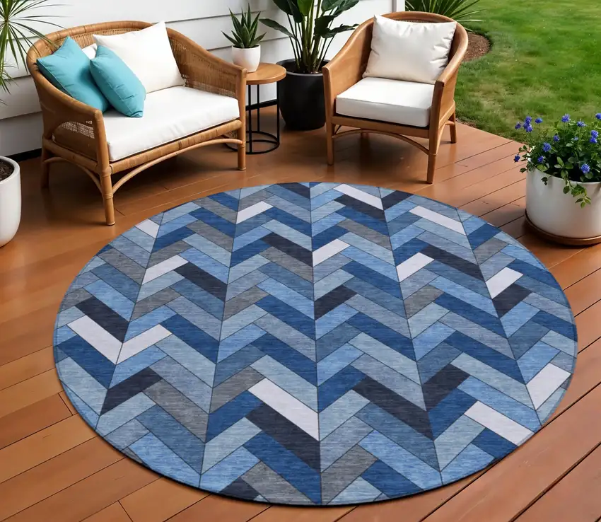 8' Blue And Ivory Round Geometric Washable Indoor Outdoor Area Rug Photo 1