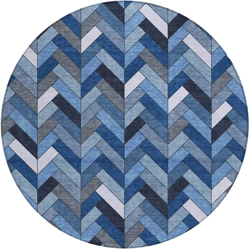 8' Blue And Ivory Round Geometric Washable Indoor Outdoor Area Rug Photo 2