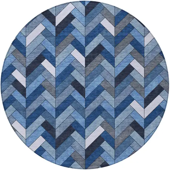 8' Blue And Ivory Round Geometric Washable Indoor Outdoor Area Rug Photo 4