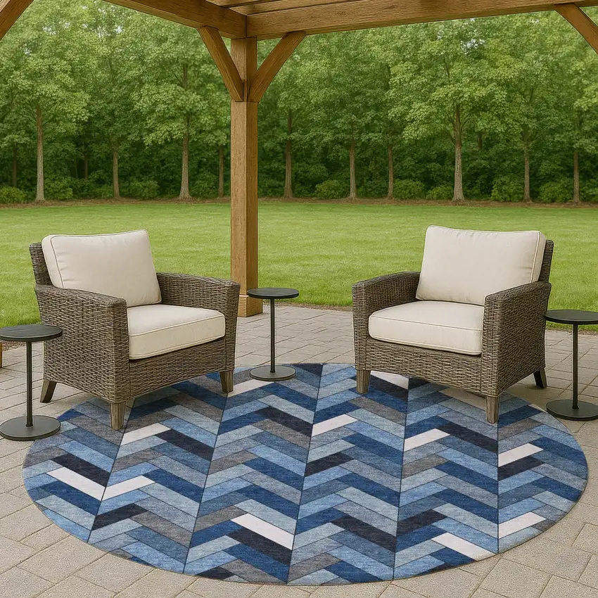 8' Blue And Ivory Round Geometric Washable Indoor Outdoor Area Rug Photo 8