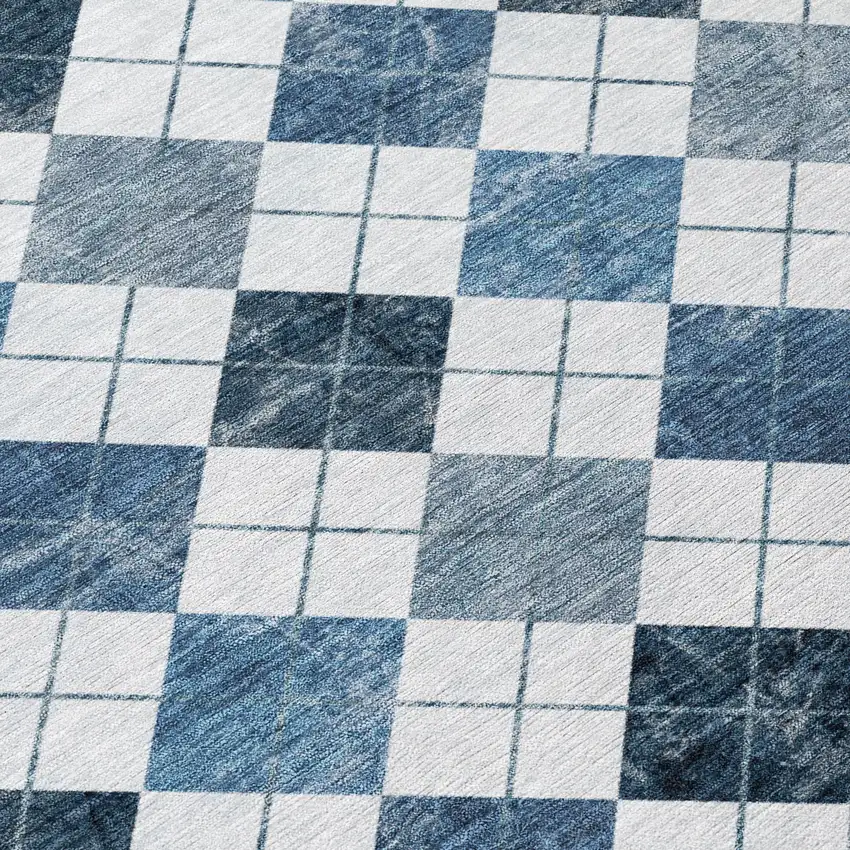 8' Blue And Ivory Round Geometric Washable Indoor Outdoor Area Rug Photo 8