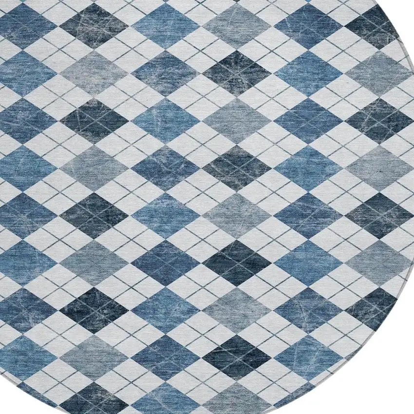 8' Blue And Ivory Round Geometric Washable Indoor Outdoor Area Rug Photo 7
