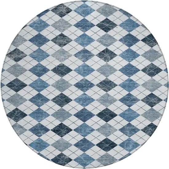 8' Blue And Ivory Round Geometric Washable Indoor Outdoor Area Rug Photo 2