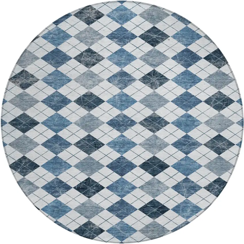 8' Blue And Ivory Round Geometric Washable Indoor Outdoor Area Rug Photo 2