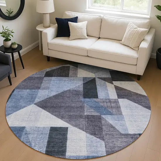 8' Blue And Ivory Round Geometric Washable Indoor Outdoor Area Rug Photo 5