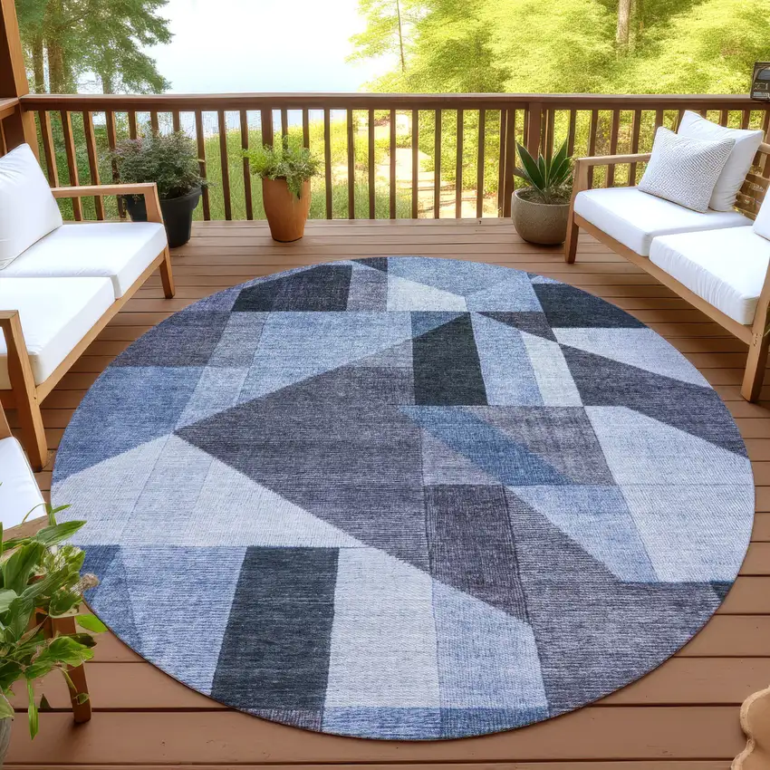 8' Blue And Ivory Round Geometric Washable Indoor Outdoor Area Rug Photo 4