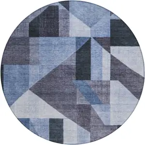 Photo of 8' Blue And Ivory Round Geometric Washable Indoor Outdoor Area Rug
