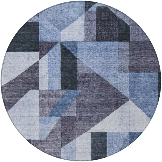 8' Blue And Ivory Round Geometric Washable Indoor Outdoor Area Rug Photo 3