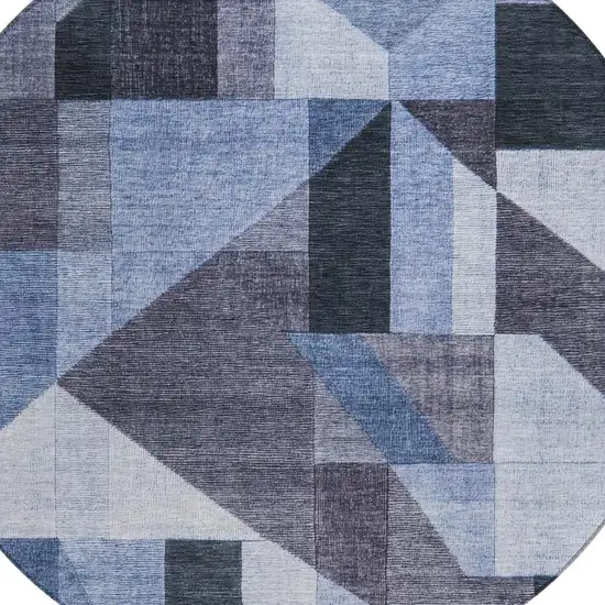 8' Blue And Ivory Round Geometric Washable Indoor Outdoor Area Rug Photo 2