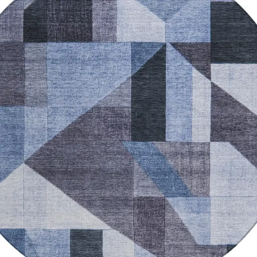 8' Blue And Ivory Round Geometric Washable Indoor Outdoor Area Rug Photo 2