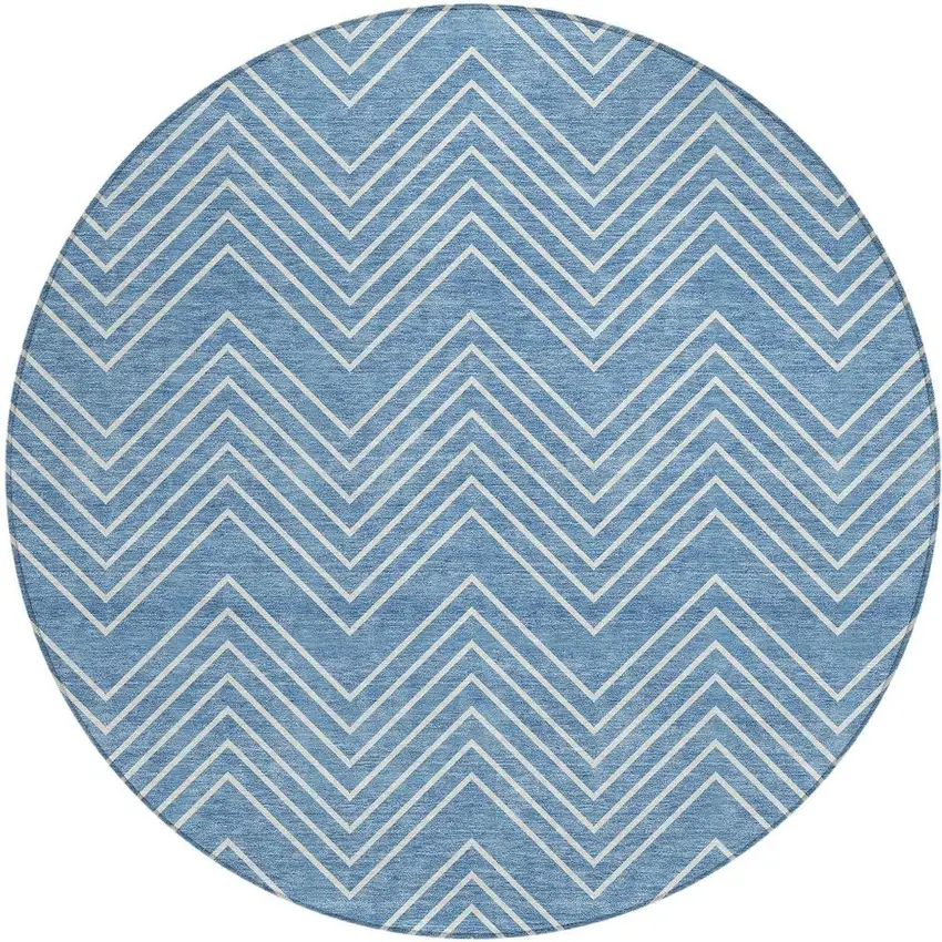 8' Blue And Ivory Round Geometric Washable Indoor Outdoor Area Rug Photo 3