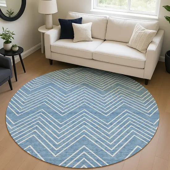8' Blue And Ivory Round Geometric Washable Indoor Outdoor Area Rug Photo 5
