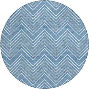 Photo of 8' Blue And Ivory Round Geometric Washable Indoor Outdoor Area Rug