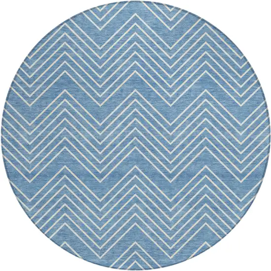 8' Blue And Ivory Round Geometric Washable Indoor Outdoor Area Rug Photo 1