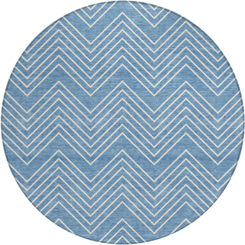8' Blue And Ivory Round Geometric Washable Indoor Outdoor Area Rug Photo 1
