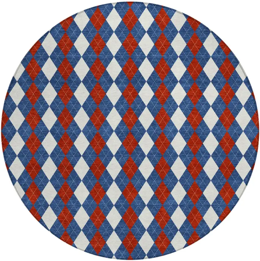 8' Blue And Ivory Round Geometric Washable Indoor Outdoor Area Rug Photo 2