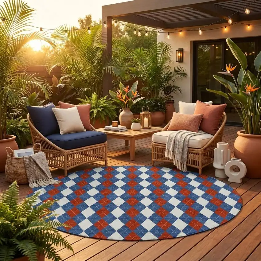 8' Blue And Ivory Round Geometric Washable Indoor Outdoor Area Rug Photo 1