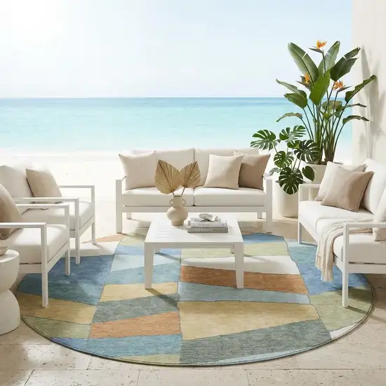 8' Blue And Ivory Round Geometric Washable Indoor Outdoor Area Rug Photo 1