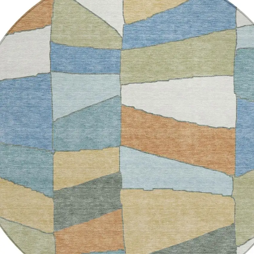 8' Blue And Ivory Round Geometric Washable Indoor Outdoor Area Rug Photo 5