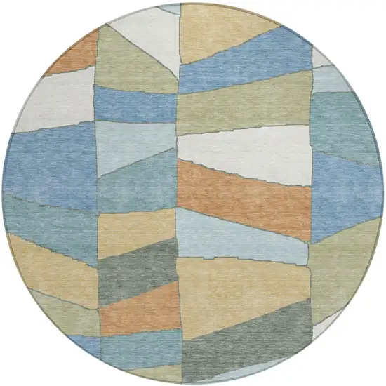 8' Blue And Ivory Round Geometric Washable Indoor Outdoor Area Rug Photo 2