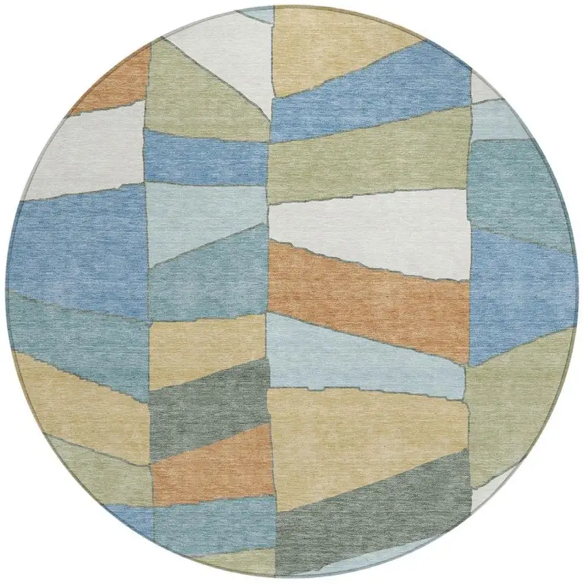 8' Blue And Ivory Round Geometric Washable Indoor Outdoor Area Rug Photo 3