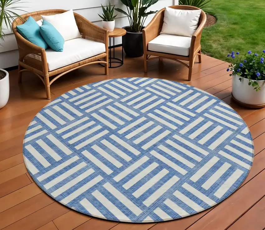 8' Blue And Ivory Round Geometric Washable Indoor Outdoor Area Rug Photo 1