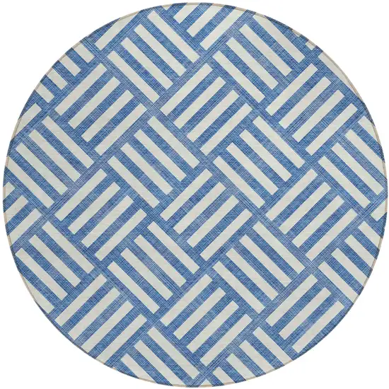 8' Blue And Ivory Round Geometric Washable Indoor Outdoor Area Rug Photo 2