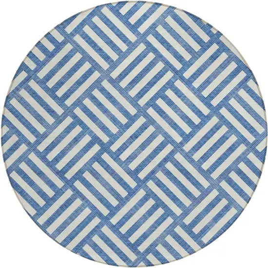 8' Blue And Ivory Round Geometric Washable Indoor Outdoor Area Rug Photo 2