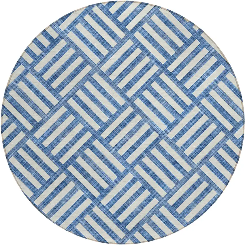 8' Blue And Ivory Round Geometric Washable Indoor Outdoor Area Rug Photo 2